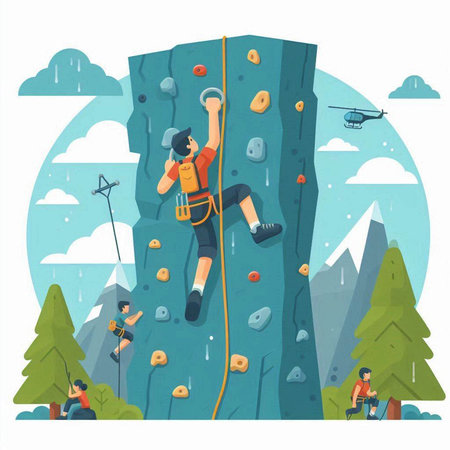 Climbing, rock climbing and mountaineering flat vector illustration.のイラスト素材