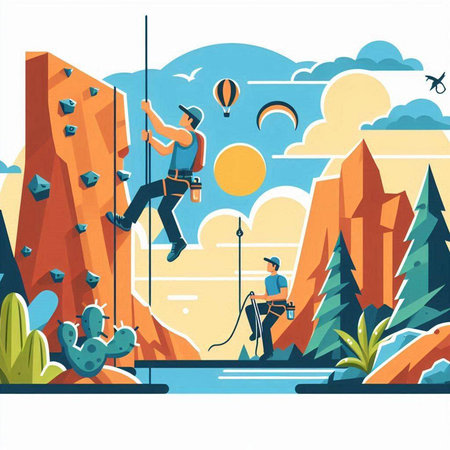Climbing on the rocks in the mountains. Vector illustration.のイラスト素材