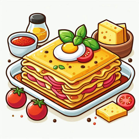 Illustration of lasagna with tomato sauce, cheese and fried eggのイラスト素材