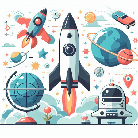 Space exploration and astronautics flat vector illustration. Rocket, spaceship, planets, solar system, stars, spaceships and other space objects.のイラスト素材
