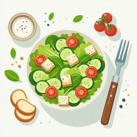 Salad with feta cheese, cucumber and tomato. Vector illustration.のイラスト素材