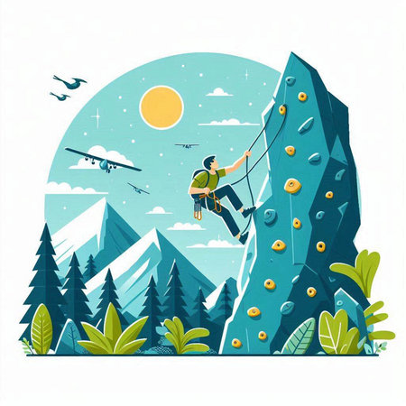 Climbing in mountains. Vector illustration of a man climbing a rock.のイラスト素材