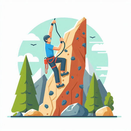 Man climbing on a rock. Climbing in mountains. Flat vector illustrationのイラスト素材