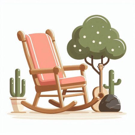 Wooden rocking chair and cactus. Vector illustration in cartoon styleのイラスト素材