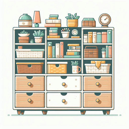 Cabinet with books and other home stuff. Vector illustration.のイラスト素材
