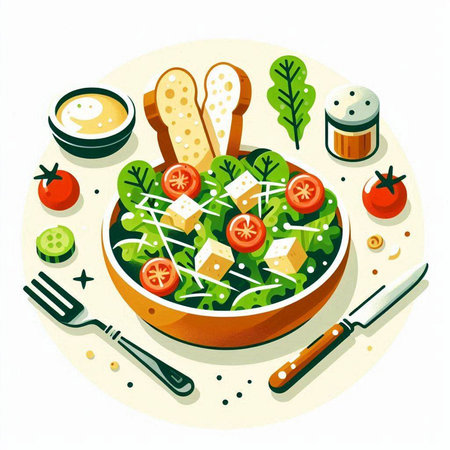 Salad with cheese, cherry tomatoes and lettuce in a bowl.のイラスト素材