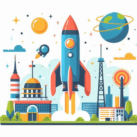 Rocket space travel vector illustration. Modern flat design concept of rocket, spaceship, planet, cityscape.のイラスト素材