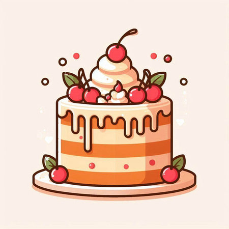 Cake with cream and cherries. Vector illustration in cartoon style.のイラスト素材