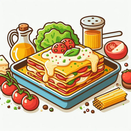 Illustration of lasagna with tomato sauce and cheese on a plateのイラスト素材