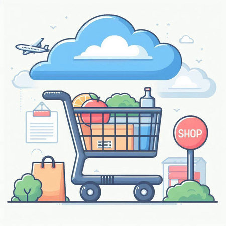 Vector illustration of shopping cart full of products. Online shopping concept.のイラスト素材