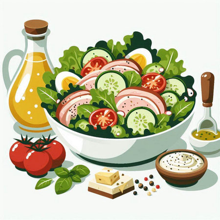 Salad with lettuce, cucumbers, tomatoes, cheese and oilのイラスト素材