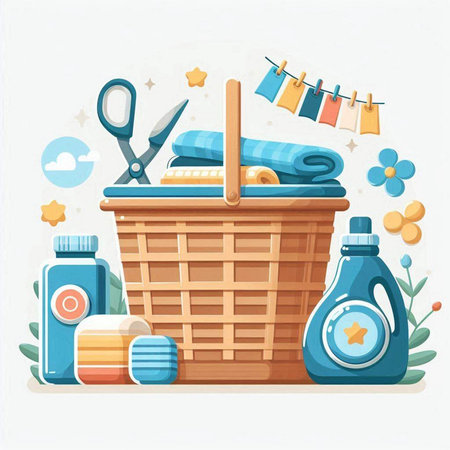 Basket with towels, scissors, shampoo and spray bottle. Vector illustration.のイラスト素材