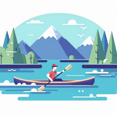 Man in a canoe on the lake. Vector illustration in flat styleのイラスト素材