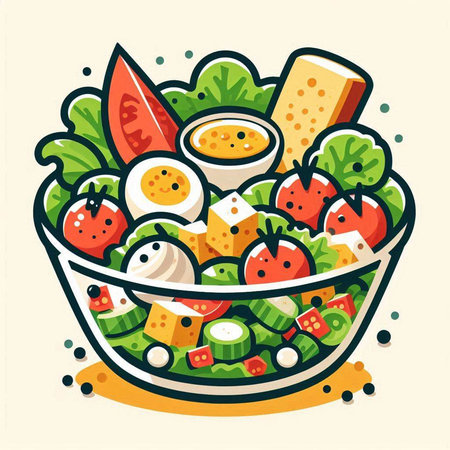 Vector illustration of fresh salad with vegetables and eggs in a bowl.のイラスト素材