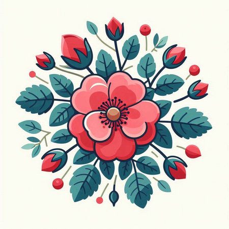 Hand drawn vector illustration of red rose with green leaves and berries.のイラスト素材
