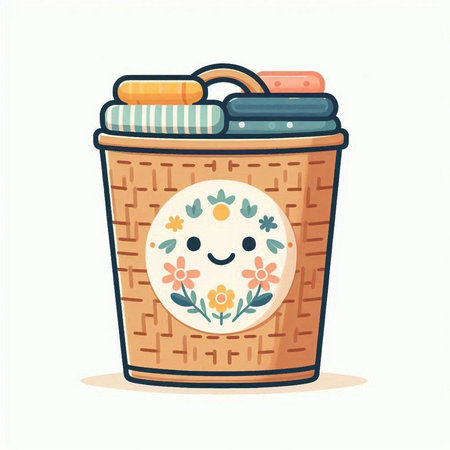 Cute illustration of a wicker basket with a cute cartoon character.のイラスト素材