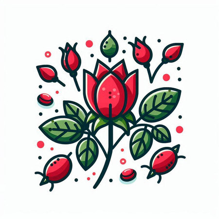 Rose hip flower with leaves and berries. Vector illustration in doodle style.のイラスト素材
