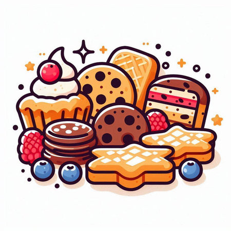 Vector illustration of a set of different delicious cookies and sweets in cartoon style.のイラスト素材