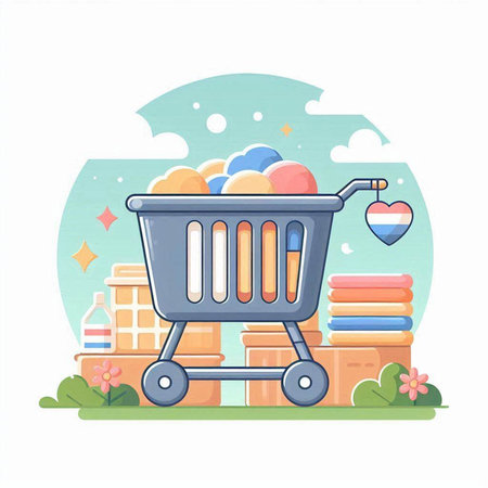 Shopping cart with baby clothes and toys. Flat vector illustration.のイラスト素材