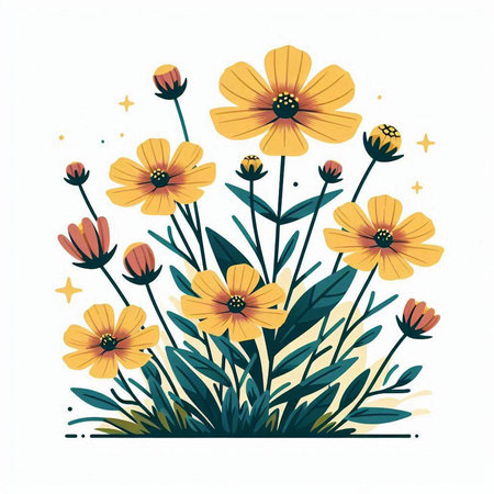 Flower bouquet with yellow cosmos flowers on white background. Vector illustration.のイラスト素材