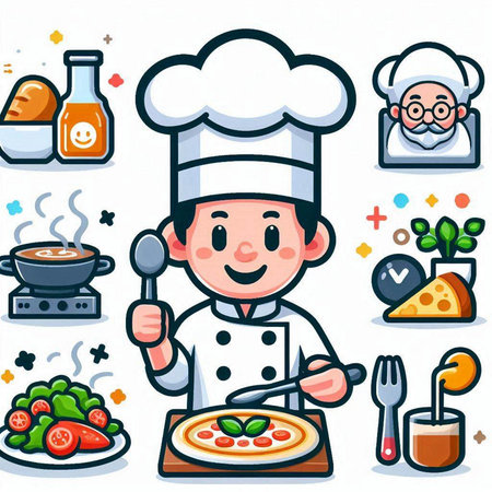 Cartoon chef character with food and kitchen icons. Vector illustration.のイラスト素材