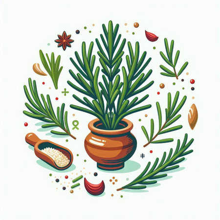 Vector illustration of fresh rosemary with spices in a clay pot.のイラスト素材
