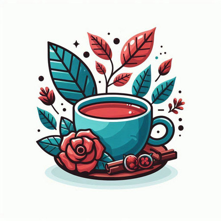 Cup of tea with red rose and cinnamon. Vector illustration.のイラスト素材