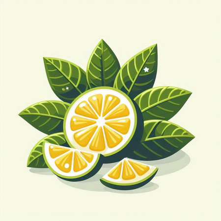 Lemon fruit with leaves isolated on white background. Vector illustration.のイラスト素材