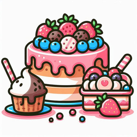 Cake with berries and ice cream on white background. Vector illustration.のイラスト素材