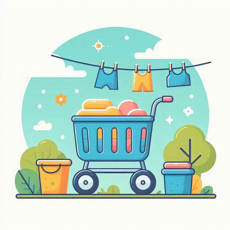 Shopping cart with clothes on a clothesline. Vector illustration.のイラスト素材