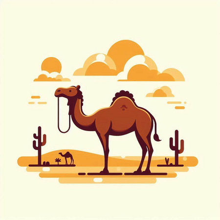 Camel in the desert. Vector illustration in flat design style.のイラスト素材