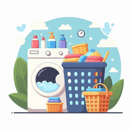 Laundry service vector illustration. Washing machine, basket with clothes, towels, shampoo, detergent.のイラスト素材