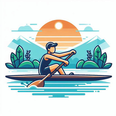 Man in a kayak on the lake. Flat vector illustration.のイラスト素材