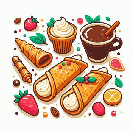 Cup of hot chocolate, ice cream, pancakes, muffins with whipped cream and fruits. Vector illustrationのイラスト素材