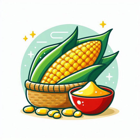 Corn in a basket with a bowl of caviar. Vector illustration.のイラスト素材