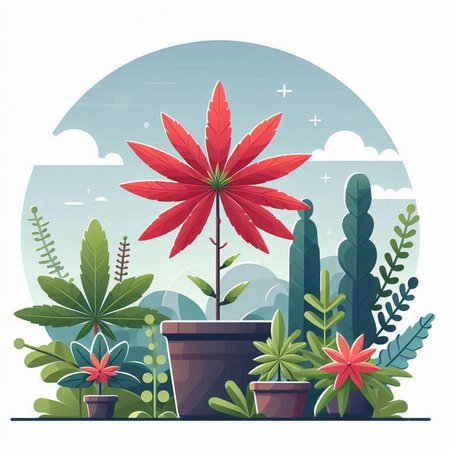 Flower in pot on a background of plants. Vector illustration.のイラスト素材