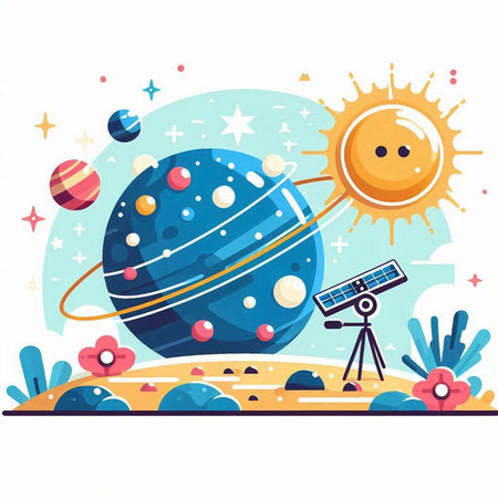Cartoon planet with sun and solar panels. Vector illustration in flat styleのイラスト素材
