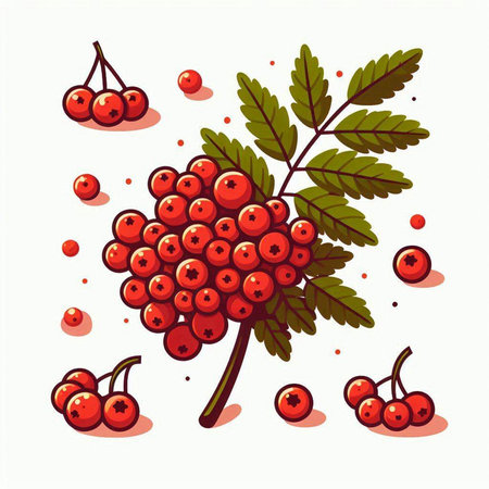 Red rowan berries on a white background. Vector illustration of a rowan.のイラスト素材