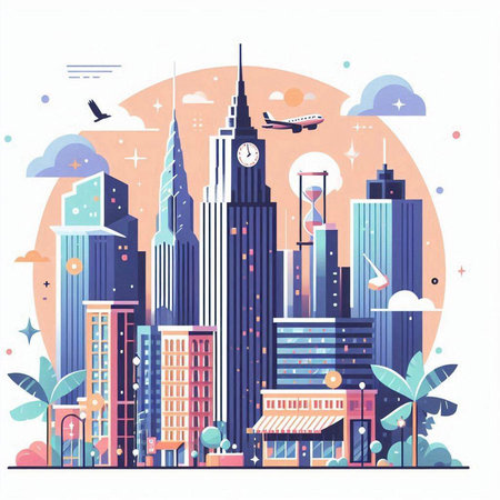 Cityscape with buildings and skyscrapers. Vector illustration in flat styleのイラスト素材