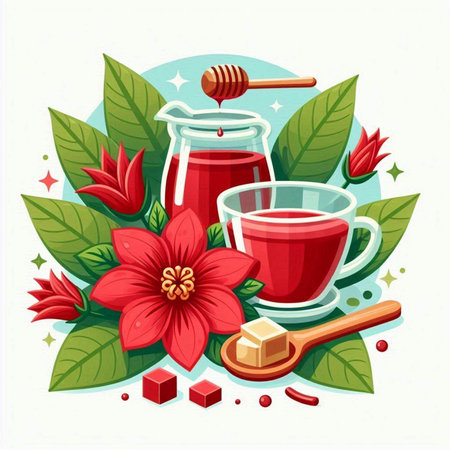 Honey and Cup of tea with red flowers. Vector illustration.のイラスト素材