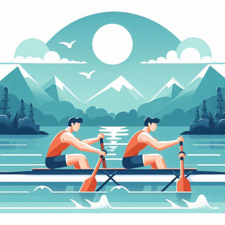 Two men rowing on the lake. Vector illustration in flat styleのイラスト素材