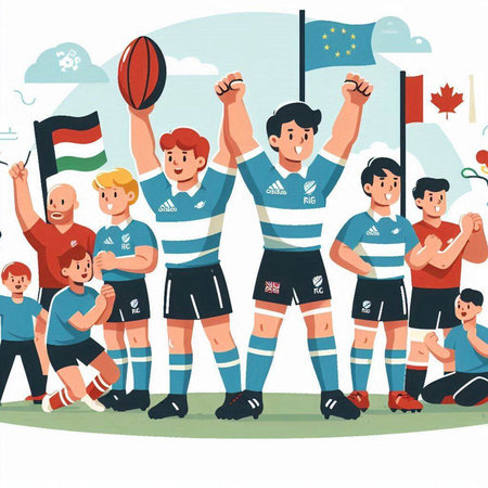 Group of rugby players holding flags. Vector illustration in cartoon style.のイラスト素材