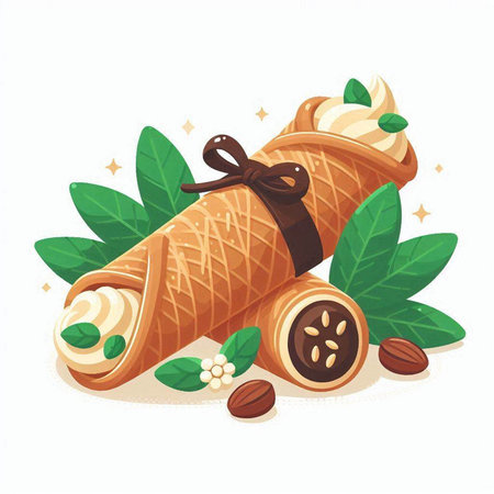 Ice cream in waffle cone with mint leaves. Vector illustration.のイラスト素材