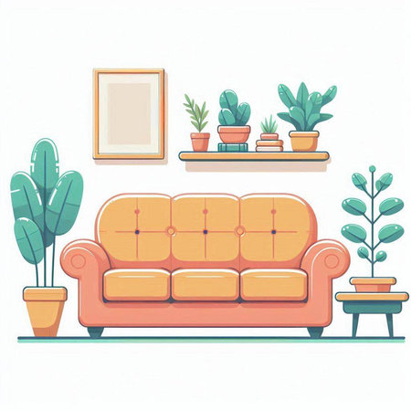 Living room with sofa and plants. Vector illustration in flat style.のイラスト素材