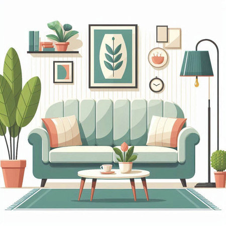 Living room interior with sofa, coffee table and plants. Flat style vector illustration.のイラスト素材