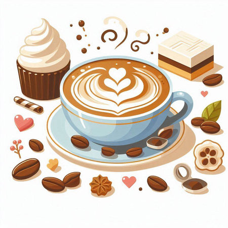 Coffee cup with coffee beans and sweets. Vector illustration.のイラスト素材