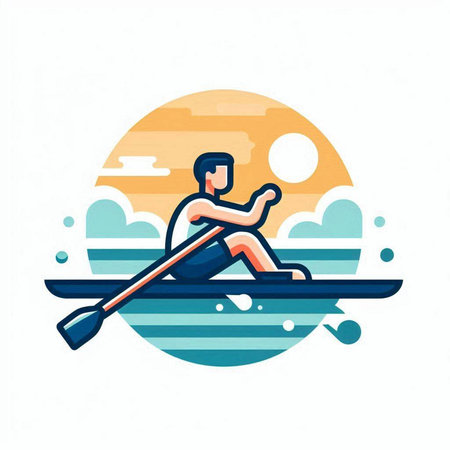 Man rowing on stand up paddle board. Vector illustration. Flat design.のイラスト素材