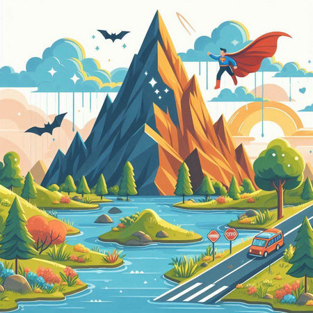 Cartoon landscape with mountains, river, road and flying car. Vector illustrationのイラスト素材