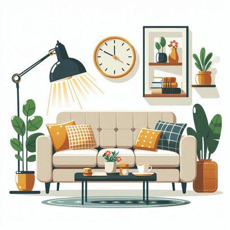 Living room with sofa, lamp, coffee table and plants. Vector illustrationのイラスト素材