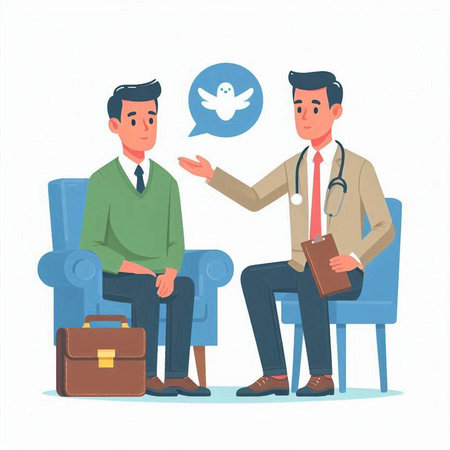 Psychiatrist talking to a patient. Vector illustration in cartoon style.のイラスト素材